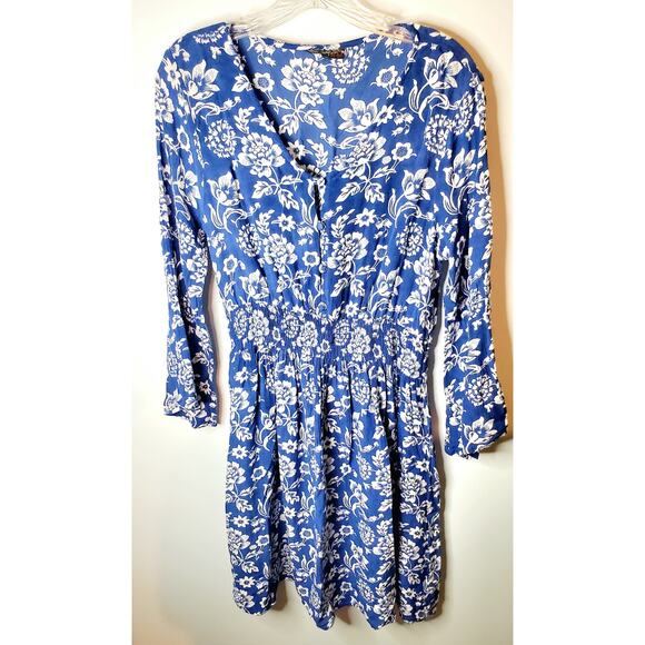 J.Dee Garden Floral Boho Blue and White Flowy Mini Dress Size M Wedding Guest - Picture 1 of 5
